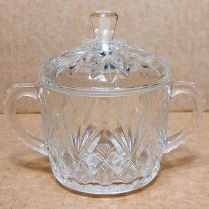 1960's Anchor Hocking Glass Sugar Bowl Antique Handles‎ & Lid Prescut Candy Dish